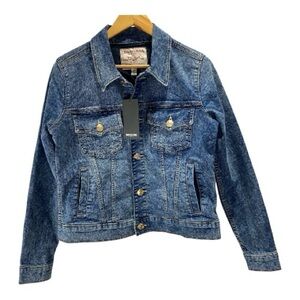 New True Religion Jesse Slim Jean Jacket Med. Blue L Fitted Trucker Acid Wash